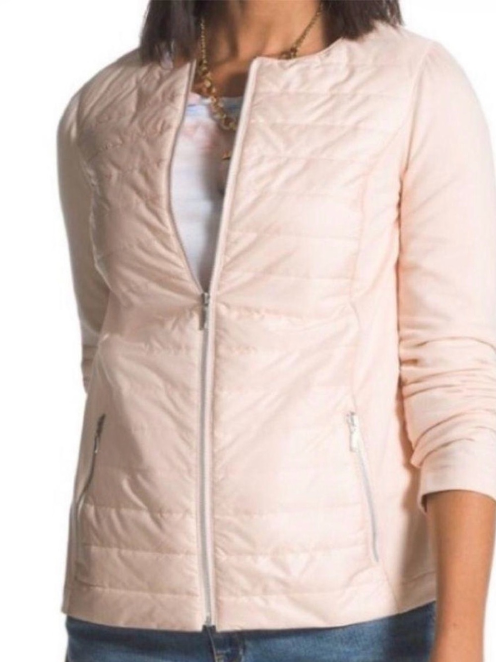 Chico's Pale Blush Mixed Media Quilted Zip-Up Puffer Jacket size large